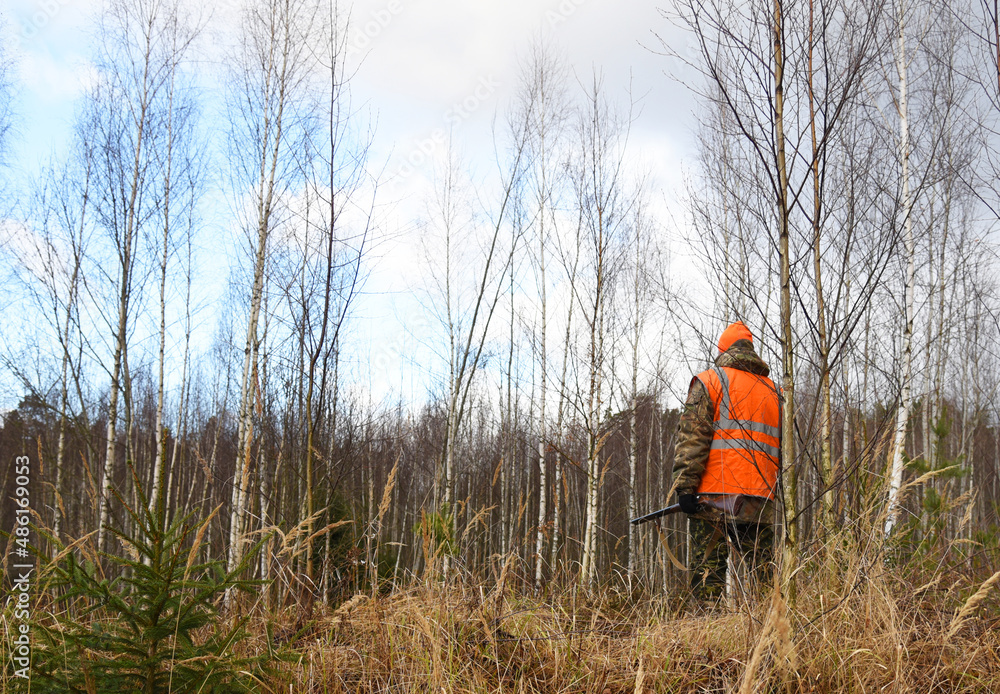 Hunter while hunting wild animals. Hunters with gun and rifle on hunting in the fall season. Hunter during hunting in forest. Hunters track down a wild boar or elk in the forest. Hunter while hunting wild animals. Hunters with gun and rifle on hunting in the fall season. Hunter during hunting in forest. Hunters track down a wild boar or elk in the forest.