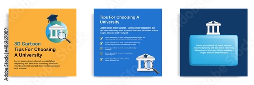 3D cartoon style. Social media informative selecting school college tips post banner template layout design. University building with cap and magnifier concept