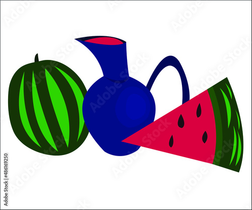 A blue jug with pink juice and a piece of watermelon. This illustration can be used as an advertising concept for juice making. Vector illustration, isolated.