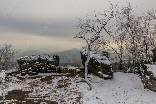 Winter view of a rocky landscape at Decinsky Sneznik mountain in the Czech Republic photo