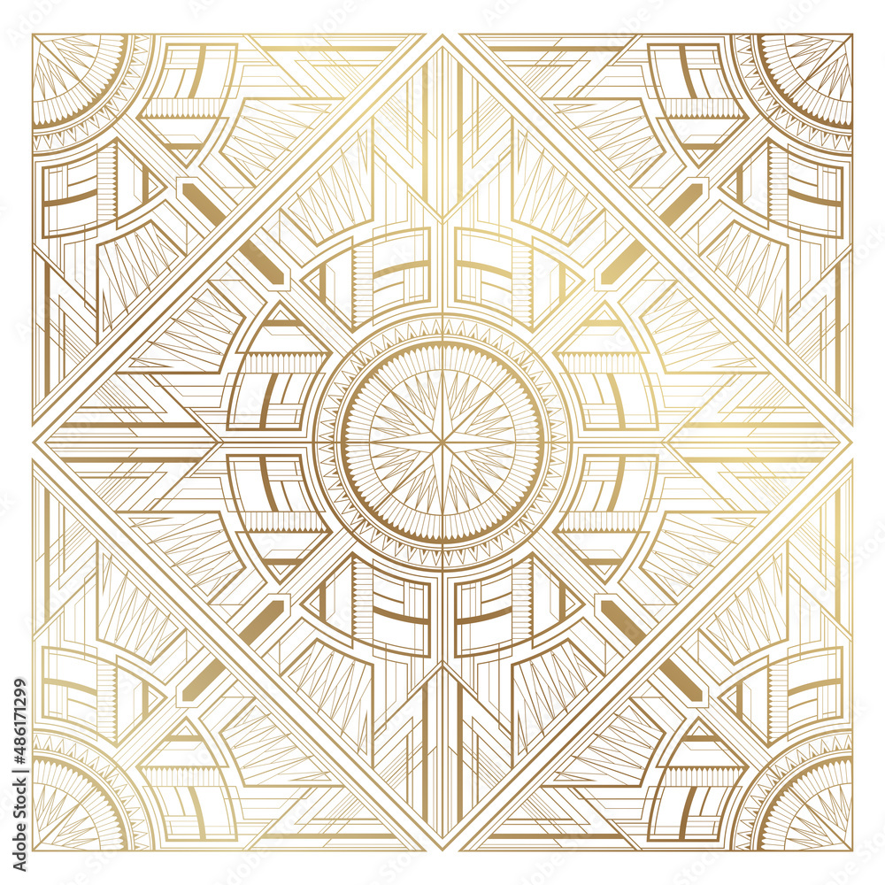 Gold art deco illustration with ornament on white background