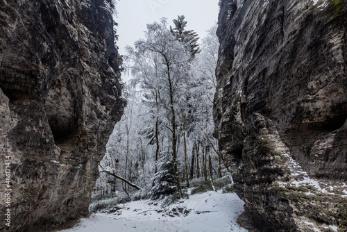 Winter view of a landscape of Tiske steny rocks, Czech Republic photo
