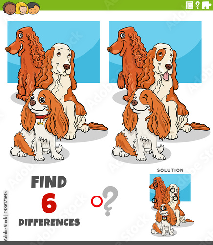 differences game with cartoon spaniel dogs characters