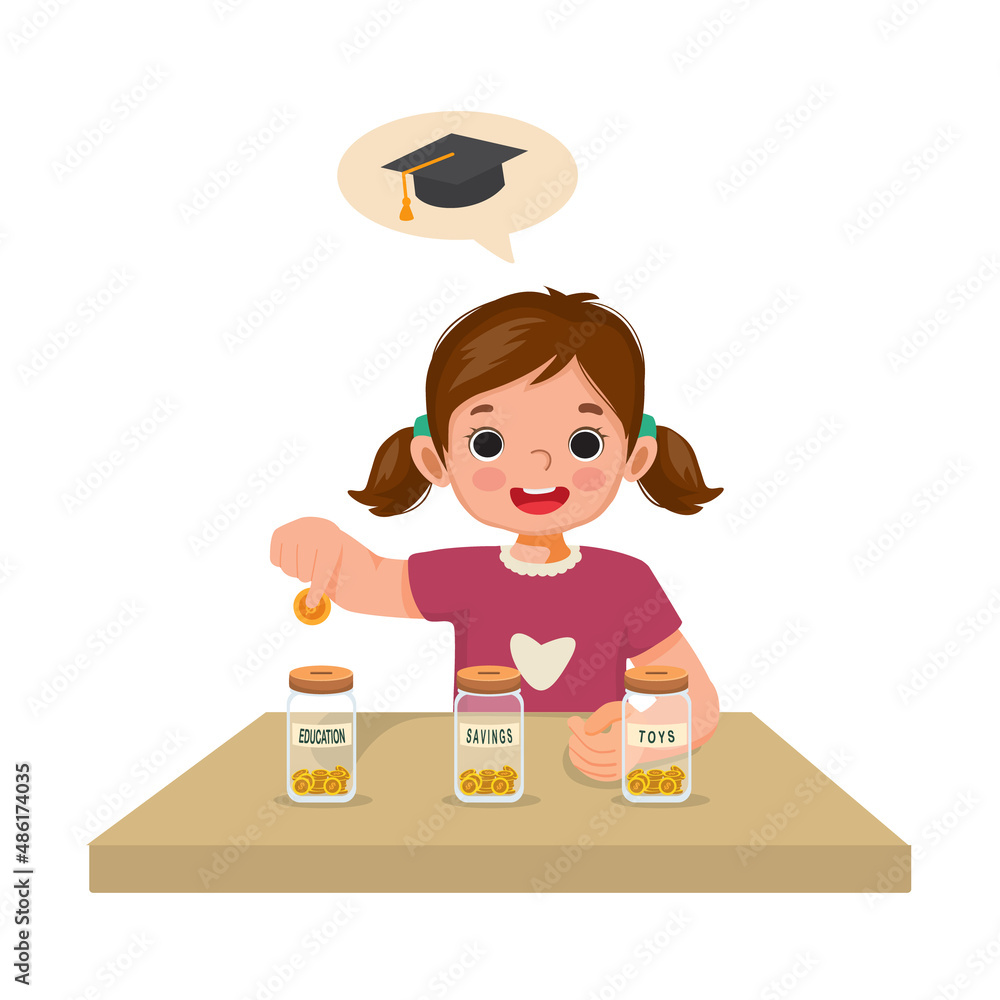 Cute little girl putting coins into glass jar saving money on her higher education, future savings and toys Cute little girl putting coins into glass jar saving money on her higher education, future savings and toys