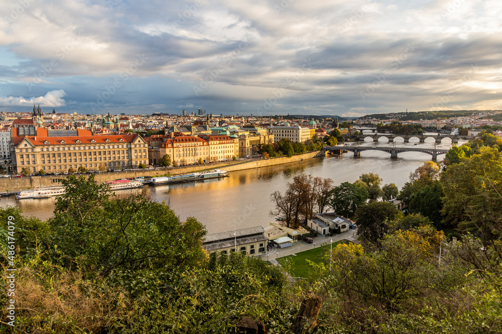 Aerial view of bridges over Vltava river in Prague, Czech Republic