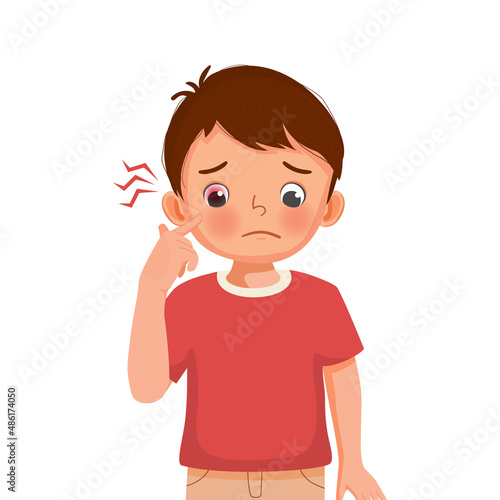 cute little boy has eye pain, conjunctivitis or pink eye, swollen eyes because of irritation or inflammation allergies to dust