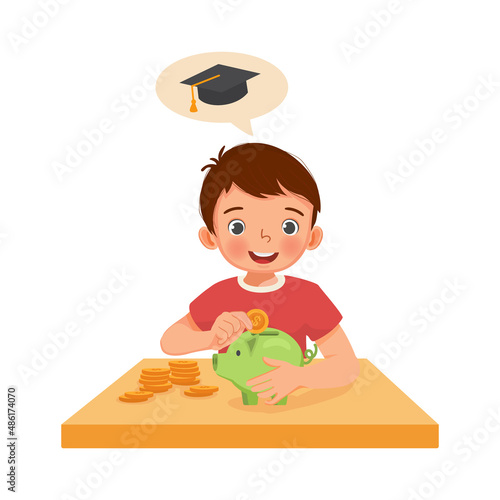 Cute little boy putting coins into a piggy bank saving money on her higher education or for collage