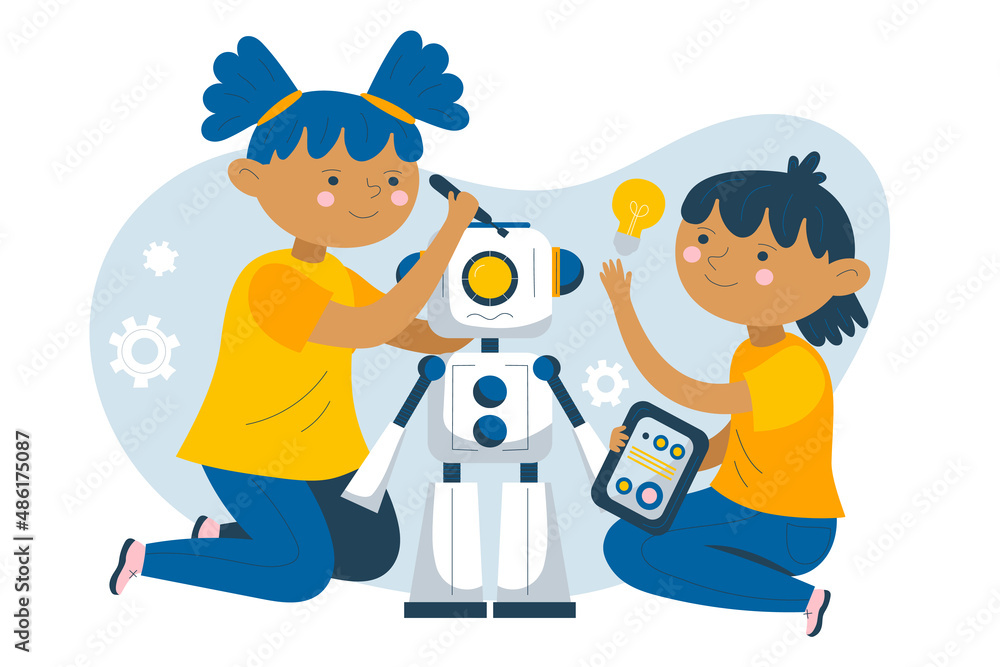 Vector Cartoon style boy, girl and robot are near each other, kids repair the robot.