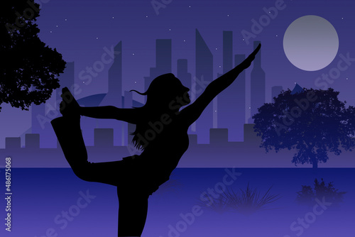 maestra de yoga ante de la gran ciudad de noche