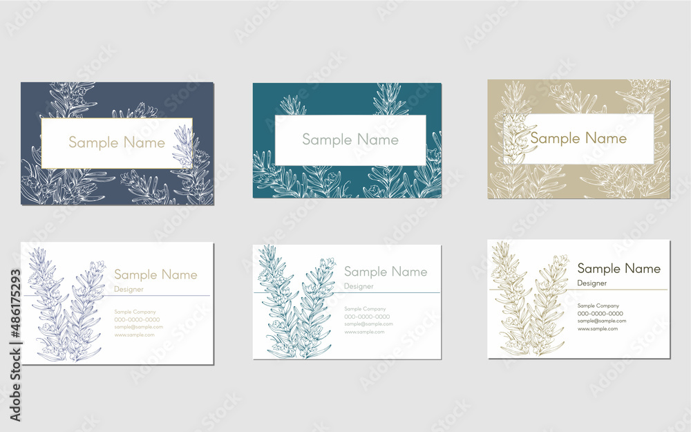 set of business card template design with hand drawn rosemary flower, for name card, shop card