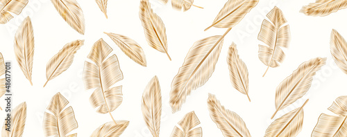 Luxury background with golden feathers in line art. Pattern for the design of invitations, packaging, weddings