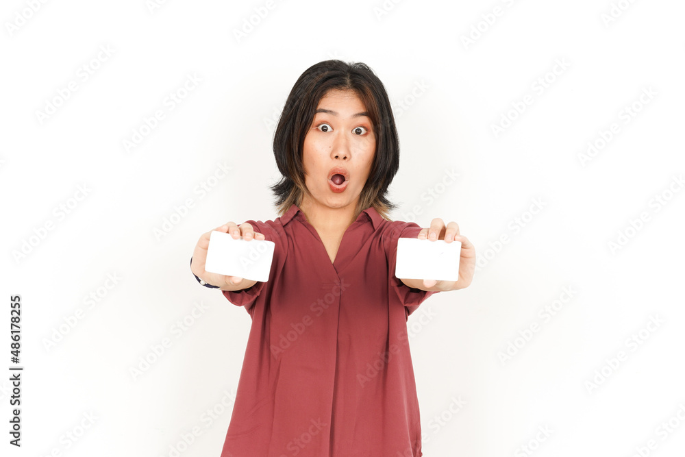 Showing Blank Credit or Bank Card Of Beautiful Asian Woman Isolated On White Background Showing Blank Credit or Bank Card Of Beautiful Asian Woman Isolated On White Background