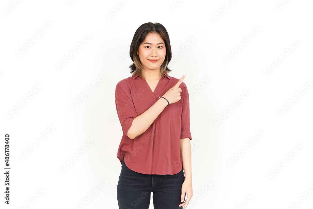 Showing Product and Pointing Side Of Beautiful Asian Woman Isolated On White Background Showing Product and Pointing Side Of Beautiful Asian Woman Isolated On White Background