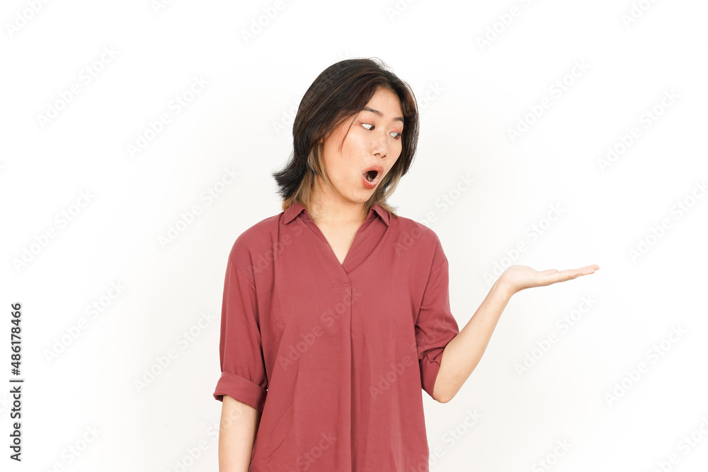 Showing and Presenting Product on Open Palm Of Beautiful Asian Woman Isolated On White Background Showing and Presenting Product on Open Palm Of Beautiful Asian Woman Isolated On White Background