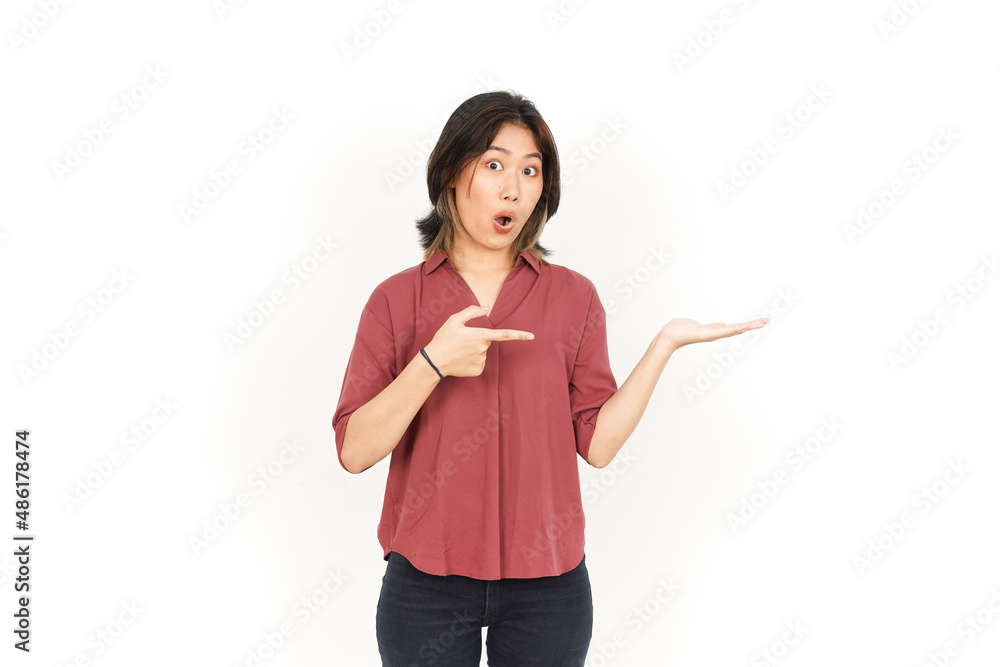 Showing and Presenting Product on Open Palm Of Beautiful Asian Woman Isolated On White Background Showing and Presenting Product on Open Palm Of Beautiful Asian Woman Isolated On White Background