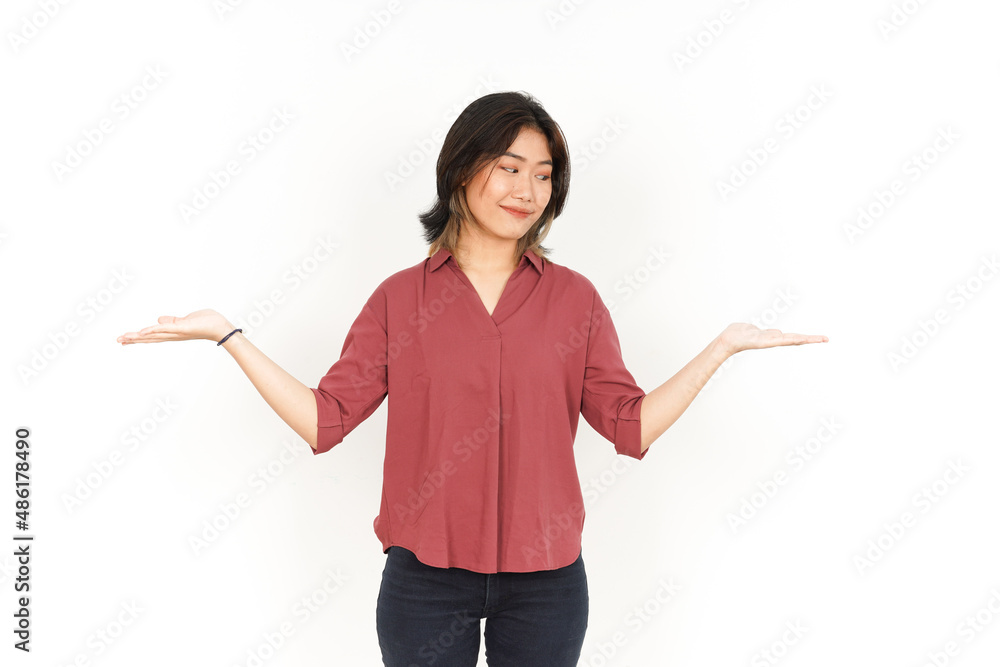 Showing and Presenting Two Product on Open Palm Of Beautiful Asian Woman Isolated On White Background Showing and Presenting Two Product on Open Palm Of Beautiful Asian Woman Isolated On White Background