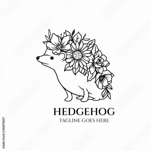 Hedgehog logo vector, hedgehog with flower design company illustration
