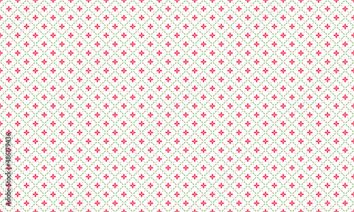 Embroidery pattern seamless. Cross diagonal stitch lines. Green,pink and red elements on white background. For patchwork fabric wrapping cloth silk scarf bandana picnic table clothing.