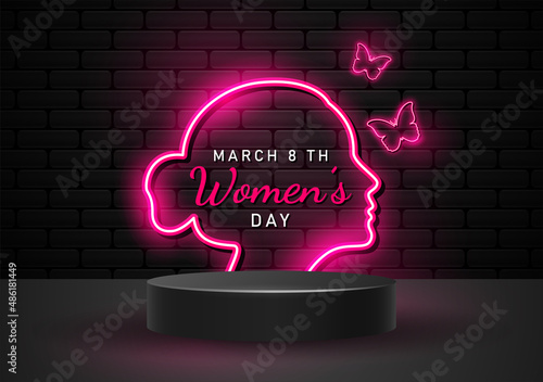 Happy womens day neon style  with podium