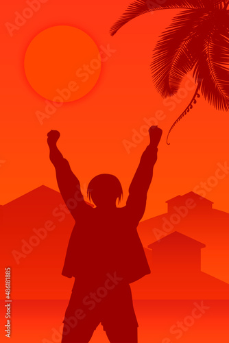 silhouette of a person on the beach, visit to a tropical village