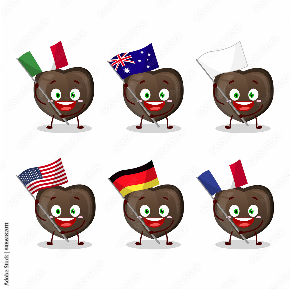 Love chocolate candy cartoon character bring the flags of various countries