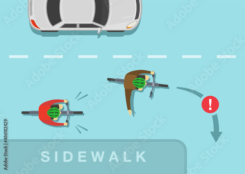 Traffic regulating rules and tips. Safety bicycle driving. One cyclist cuts off the other cyclist on the city road. Flat vector illustration template.