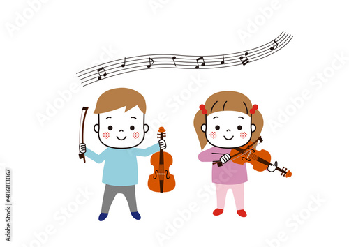 バイオリンを演奏している男の子と女の子　五線譜