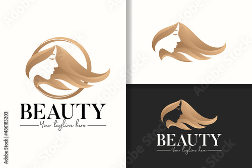 Feminine gold beauty woman long hair logo template