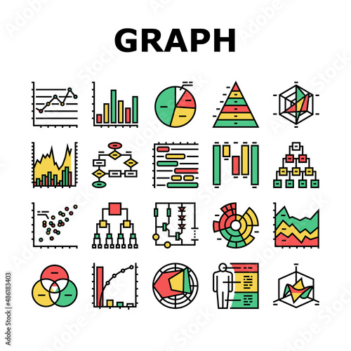 Graph For Analyzing And Research Icons Set Vector. Hierarchy And Binary Decision Diagram, Bar And Line Graph, Radar And Stacked Area Chart Line. Pareto And Venn Infographic Color Illustrations