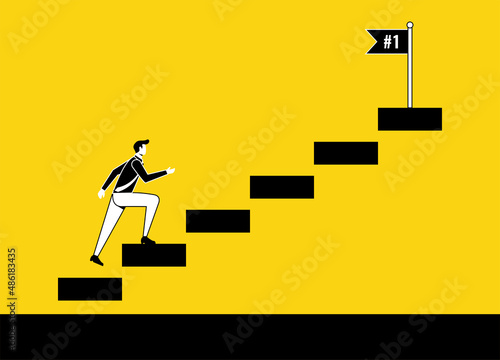 Success in business career development concept. Businessman climbing to the top to reach flag symbol.