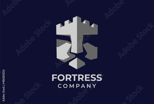 Fortress logo design. the combination of the shape of the lion's head and the rook forms a shield. usable  for technology, security and company logos. vector illustration