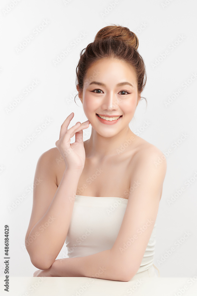 Beautiful young asian woman with clean fresh skin on white background, Face care, Facial treatment, Cosmetology, beauty and spa, Asian women portrait.