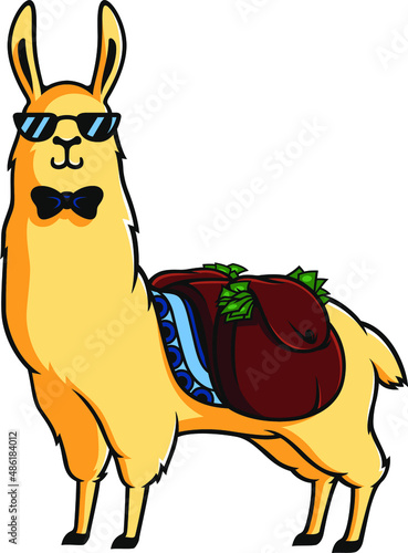Cool Llama Character with Sunglasses and Bow Tie Carrying A Saddle Bag Full of Money