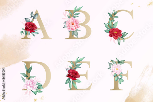 Watercolor floral alphabet set of a, b, c, d, e, f with hand drawn Flower and Leaves