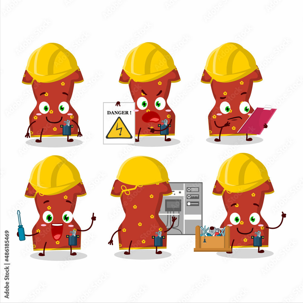 Professional Lineman red clothing of chinese woman cartoon character with tools Professional Lineman red clothing of chinese woman cartoon character with tools