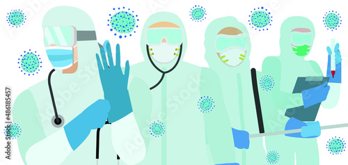 flat vector design illustration of medical crew to prevent covid-19 corona virus concept. Can be used for medical and health content