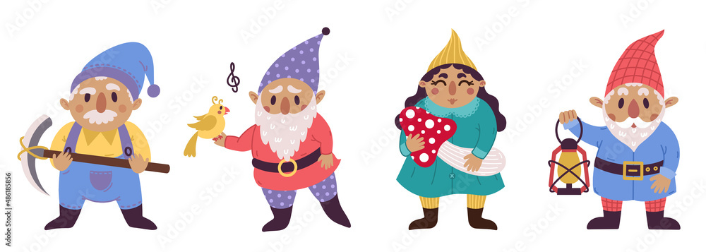 Vector set of little cartoon gnomes. Hand drawn illustration isolated on white background. Old dwarves men and women with pickaxe, mushroom, lamp, bird. Cute fairy tale characters, flat style Vector set of little cartoon gnomes. Hand drawn illustration isolated on white background. Old dwarves men and women with pickaxe, mushroom, lamp, bird. Cute fairy tale characters, flat style