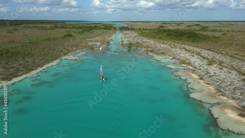 Catamaran Riding in Los Rapidos Lagoon in Bacalar, Mexico. Aerial View