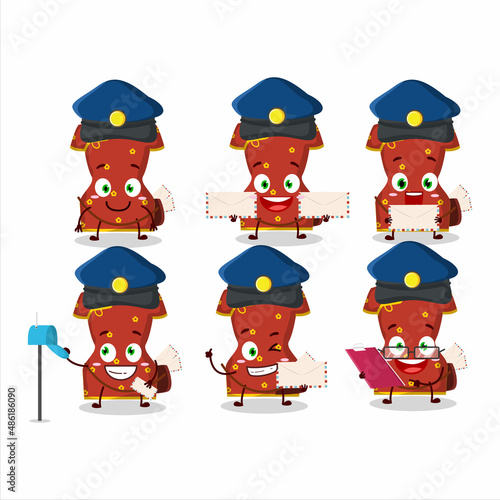 A picture of cheerful red clothing of chinese woman postman cartoon design concept