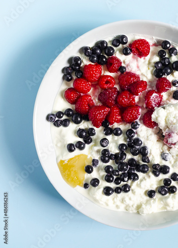 Light breakfast cottage cheese with sour cream and berries in a blue plate on a light background.