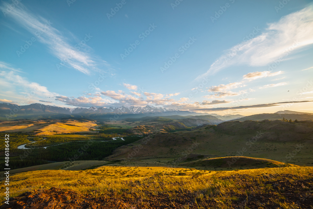 Scenic sunny view from sunlit grassy hill to forest valley with serpentine river against high snowy mountain range in sunlight. Beautiful snake mountain river in forest and snow mountains in sunshine.