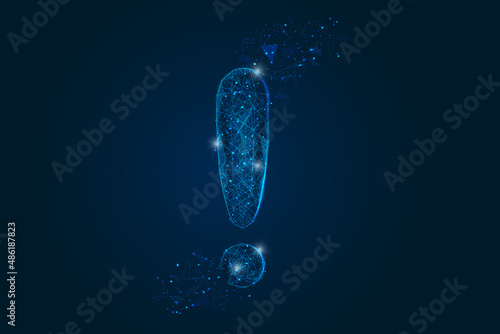 Abstract isolated blue image of a exclamation mark. Polygonal illustration looks like stars in the blask night sky in spase or flying glass shards. Digital design for website, web, internet.