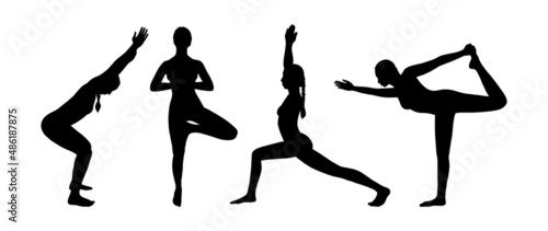 Yoga asana set. Set of female silhouettes exercising yoga. Vector illustration isolated on white background