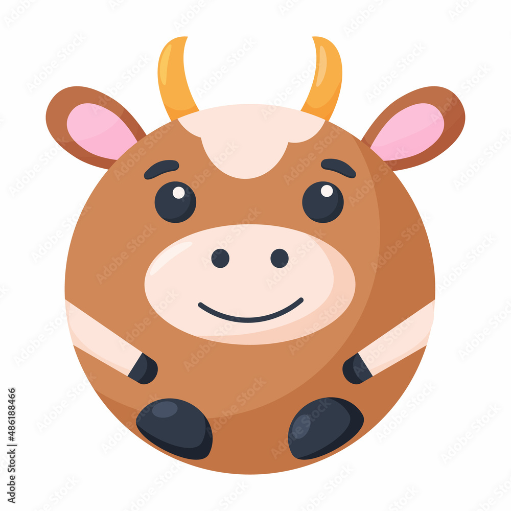 Cute cartoon round animal cow face, vector zoo sticker isolated on white background. Cute cartoon round animal cow face, vector zoo sticker isolated on white background.