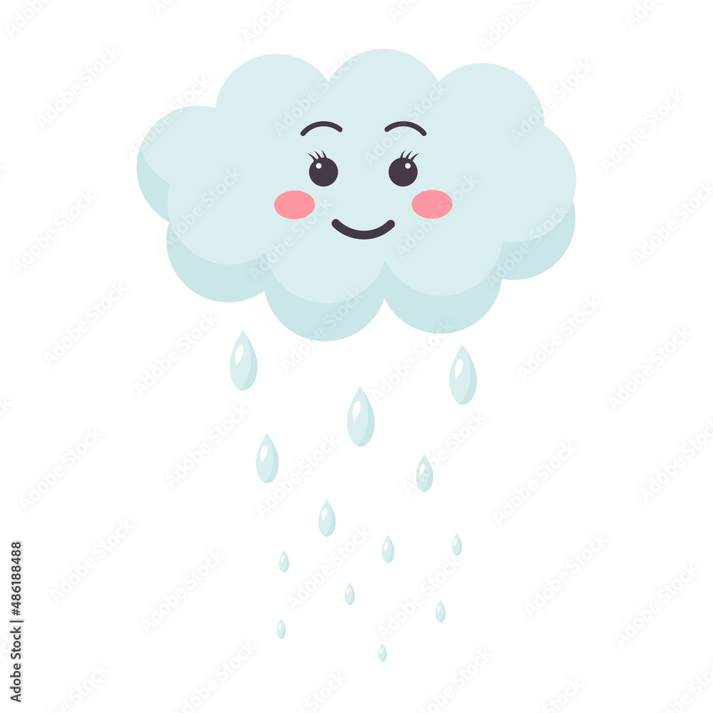Cute kawaii cloud with raindrops. Cartoon smiling character. Vector illustration. Cute kawaii cloud with raindrops. Cartoon smiling character. Vector illustration.