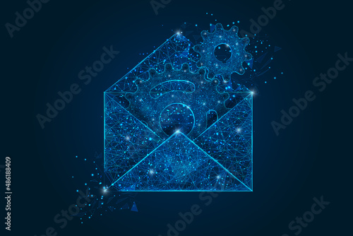 Abstract isolated image of a letter, mail or message interaction, business, connection. Polygonal illustration looks like stars in the blask night sky in spase or flying glass shards.