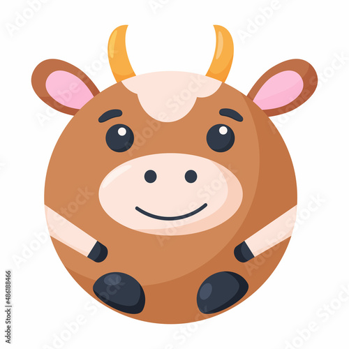 Cute cartoon round animal cow face, vector zoo sticker isolated on white background. 
