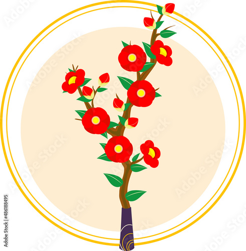 花瓶に生けた椿の花に丸い背景のイラスト