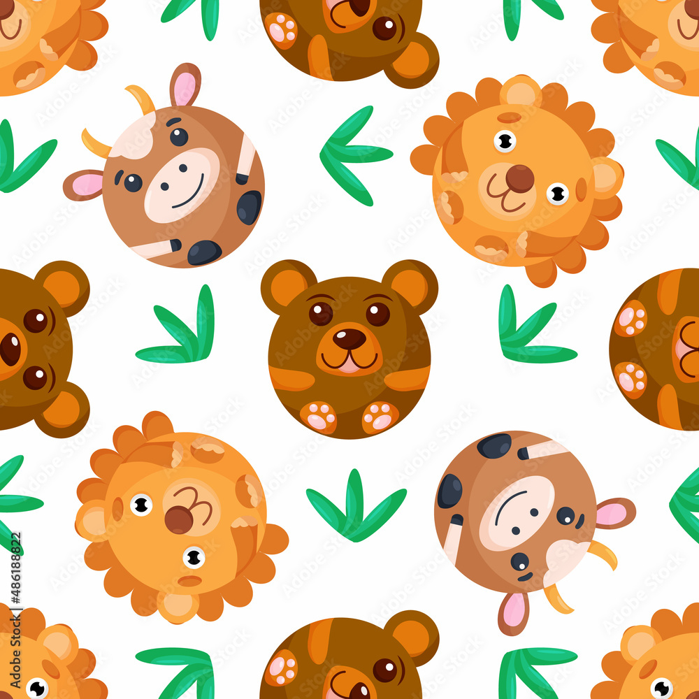 Fototapeta premium Seamless vector pattern of bear, lion, cow. Round sheep, cat, owl on background