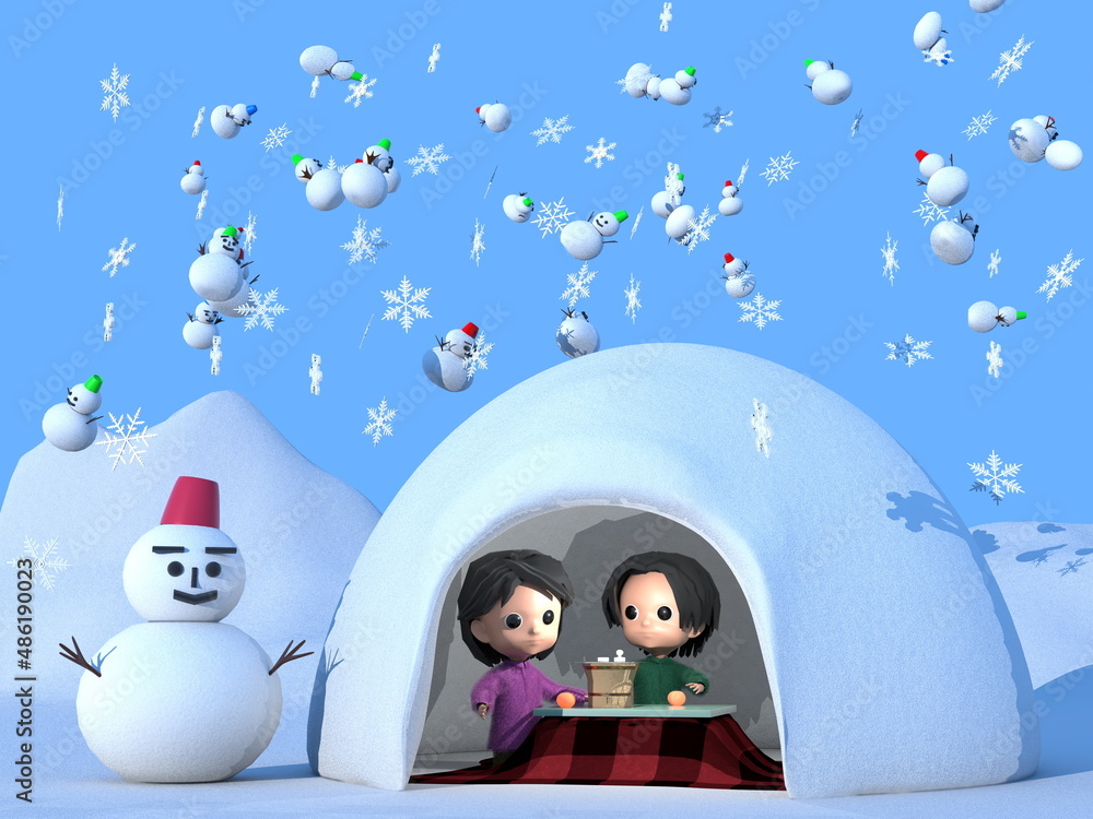 Naklejka premium 雪のかまくら、こたつで餅を焼く子どもたち